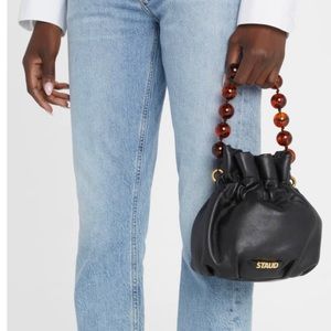 Staud Black Faux Learher Grace Beaded Top-Handle Bucket Bag